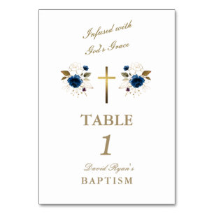 Elegant Blue Flowers Gold Cross Boy Baptisme Kaart