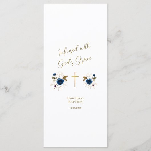 Elegant Blue Flowers Gold Cross Boy Baptisme Menu (Achterkant)