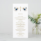 Elegant Blue Flowers Gold Cross Boy Baptisme Menu (Staand voorkant)