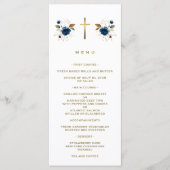 Elegant Blue Flowers Gold Cross Boy Baptisme Menu (Voorkant)