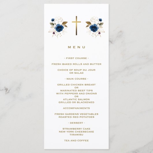 Elegant Blue Flowers Gold Cross Boy Baptisme Menu (Voorkant)