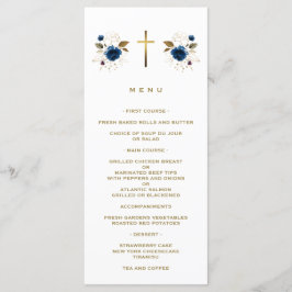 Elegant Blue Flowers Gold Cross Boy Baptisme Menu