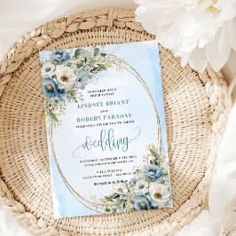 Elegant Blue Flowers Gold Glitter Wedding Invite Kaart