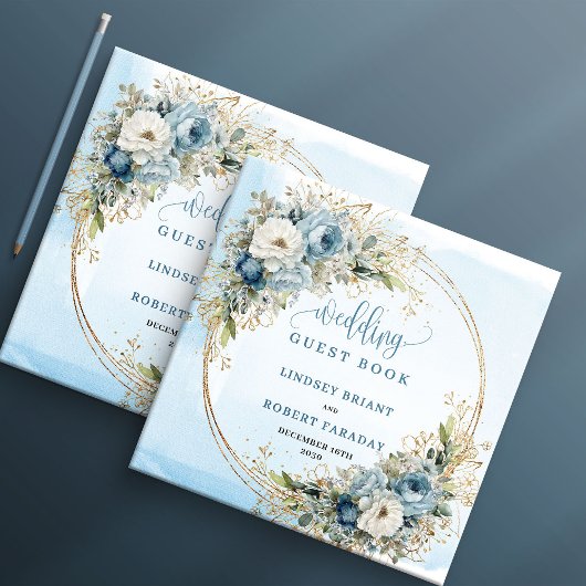 Elegant Blue Flowers Greenery Gold Guest Book Gastenboek