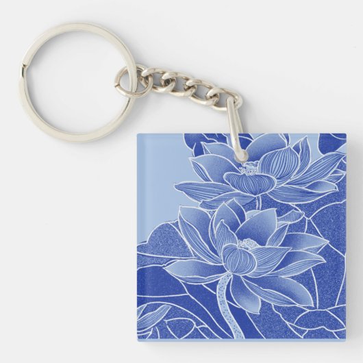 Elegant Blue Flowers Lotus Lily Chinoiserie Chic Sleutelhanger (voorkant)