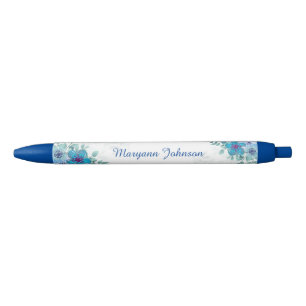 Elegant Blue Flowers Personalised Ink Pen