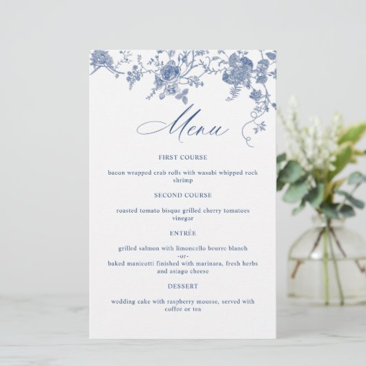 Elegant Blue  Flowers Weddenrenmenu (Staand voorkant)