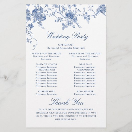 Elegant Blue Flowers Wedding Ceremony Program (Achterkant)