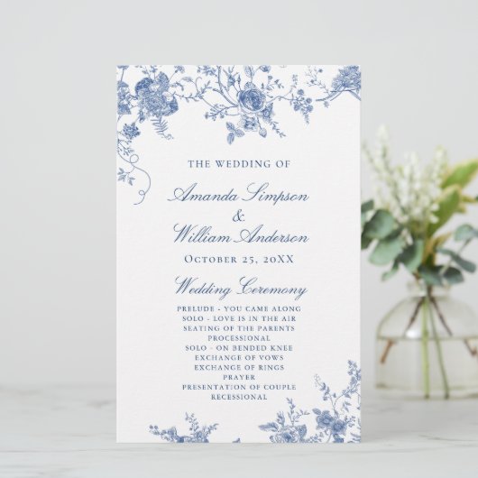 Elegant Blue Flowers Wedding Ceremony Program