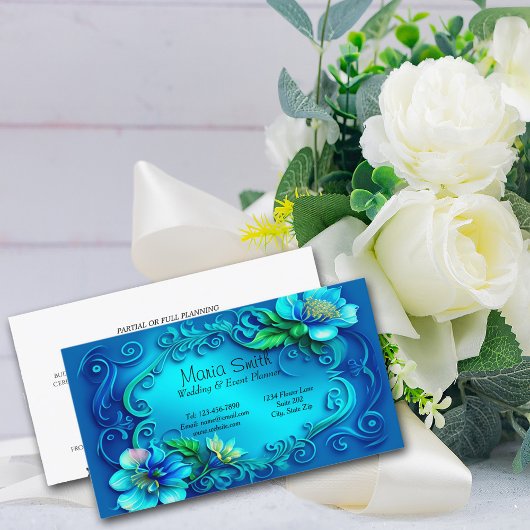 Elegant Blue Flowers Wedding Event Planner Visitekaartje