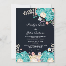 Elegant Blue Flowers Wedding Floral Navy Kaart