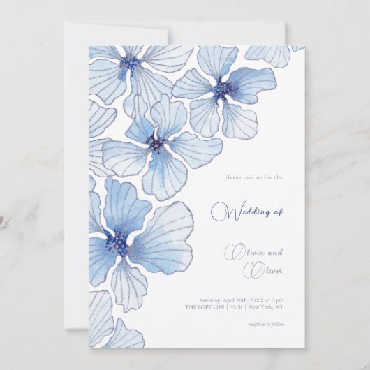 Elegant Blue Flowers Wedding Kaart (Voorkant)