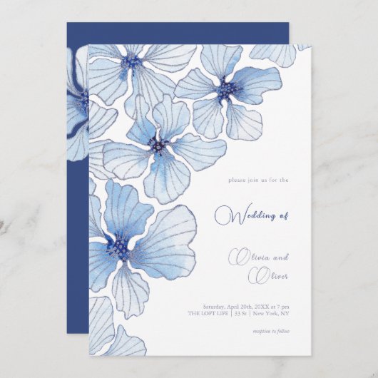 Elegant Blue Flowers Wedding Kaart (Voorkant / Achterkant)