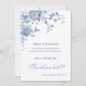 Elegant Blue Flowers word m'n Bridesmaid. Kaart (Voorkant)