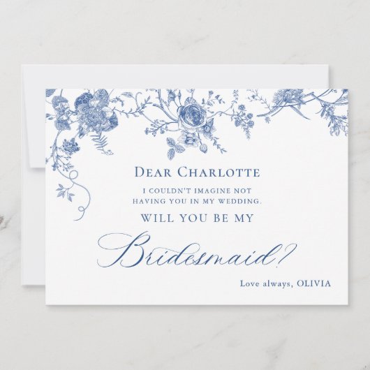 Elegant Blue Flowers word m'n Bridesmaid. Kaart (Voorkant)