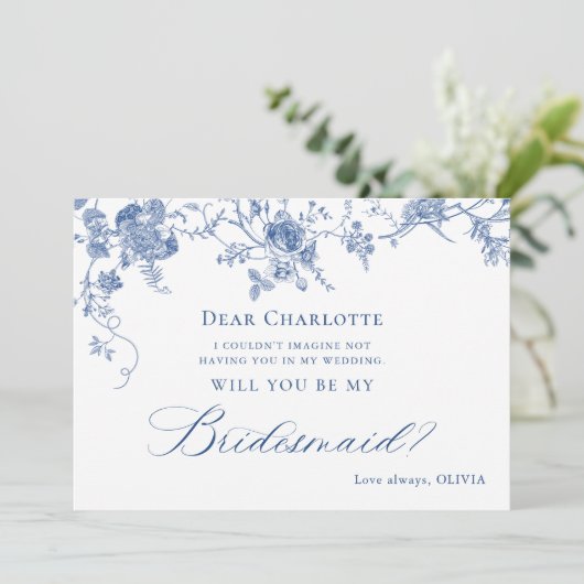 Elegant Blue Flowers word m'n Bridesmaid. Kaart (Staand voorkant)