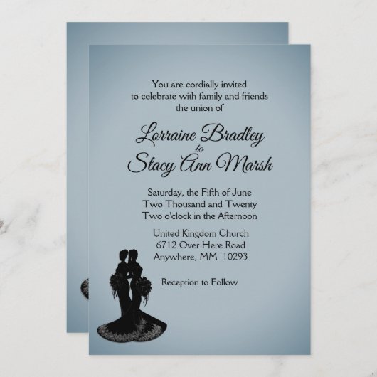 Elegant Blue Fog Lesbian Wedding Uitnodiging (Voorkant / Achterkant)