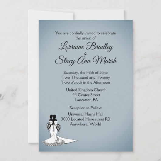 Elegant Blue Fog Lesbian Wedding Uitnodiging (Voorkant)