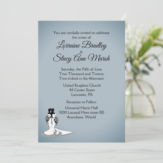 Elegant Blue Fog Lesbian Wedding Uitnodiging (Staand voorkant)