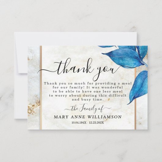 Elegant Blue Foliage Funeral Food Hartelijk dank Bedankkaart (Voorkant)