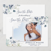 Elegant Blue Foliage PHOTO Weddenschap Save the Da Date (Voorkant / Achterkant)