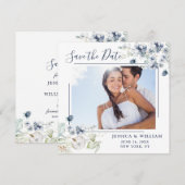 Elegant Blue Foliage PHOTO Weddenschap Save the Da Date (Voorkant / Achterkant)