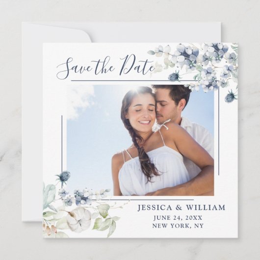 Elegant Blue Foliage PHOTO Weddenschap Save the Da Date (Voorkant)