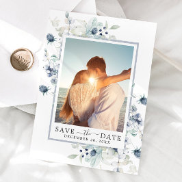 Elegant Blue Foliage PHOTO Weddenschap Save the Da Date