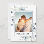 Elegant Blue Foliage PHOTO Weddenschap Save the Da Date (Voorkant)