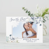 Elegant Blue Foliage PHOTO Weddenschap Save the Da Save The Date (Staand voorkant)