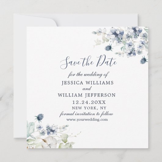 Elegant Blue Foliage PHOTO Weddenschap Save the Da Save The Date (Achterkant)