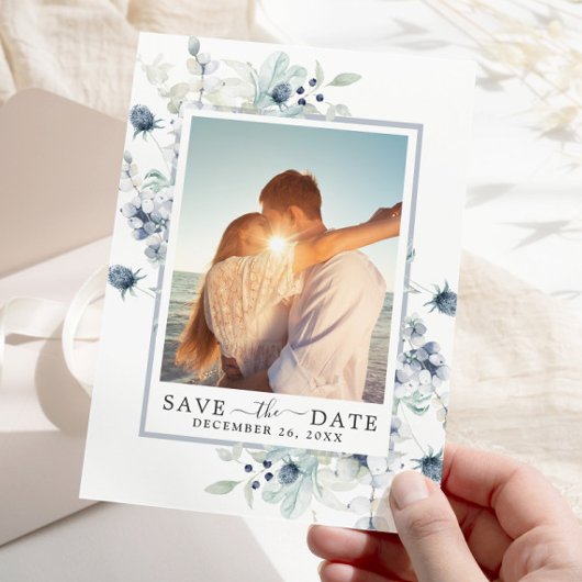 Elegant Blue Foliage PHOTO Weddenschap Save the Da Save The Date