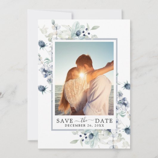Elegant Blue Foliage PHOTO Weddenschap Save the Da Save The Date (Voorkant)