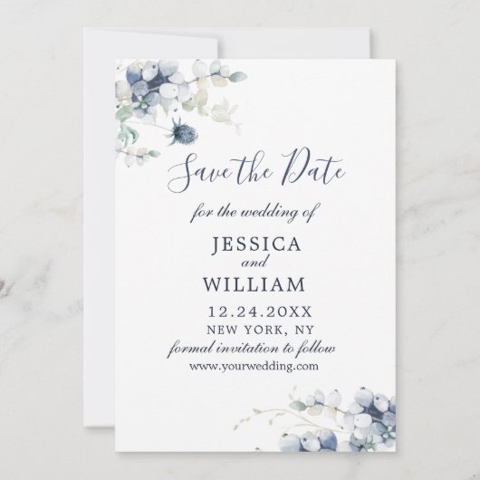 Elegant Blue Foliage PHOTO Weddenschap Save the Da Save The Date (Achterkant)