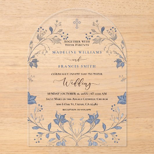 elegant blue foliage religious wedding acryl uitnodigingen (Voorkant)