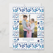 Elegant Blue Folk Waterverf Kerstfoto Feestdagenkaart (Voorkant)