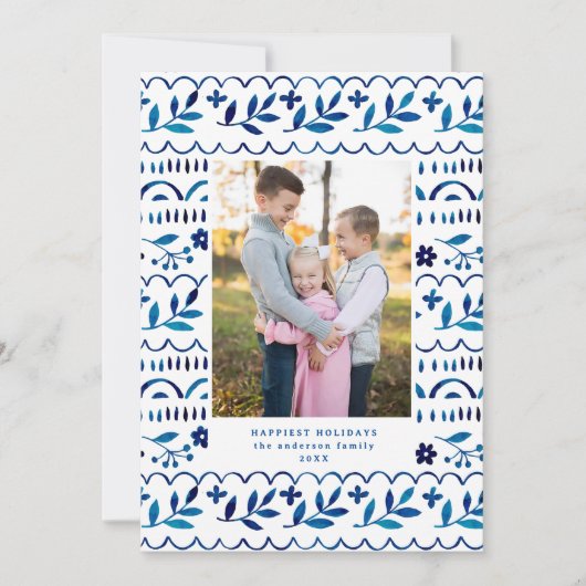 Elegant Blue Folk Waterverf Kerstfoto Feestdagenkaart (Voorkant)