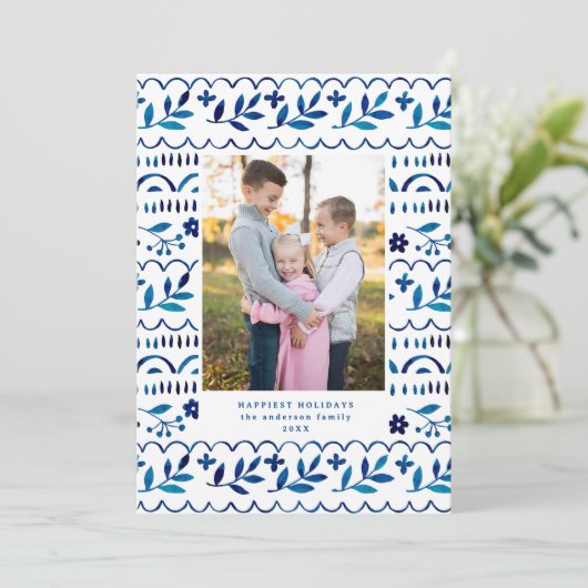 Elegant Blue Folk Waterverf Kerstfoto Feestdagenkaart (Staand voorkant)