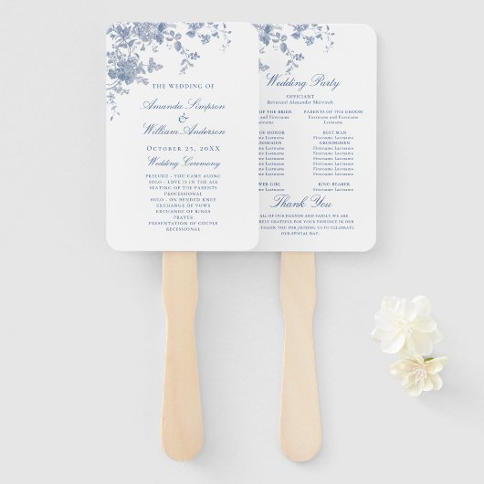Elegant Blue France Flowers Wedding Programme Handwaaier (Voorkant en achterkant)