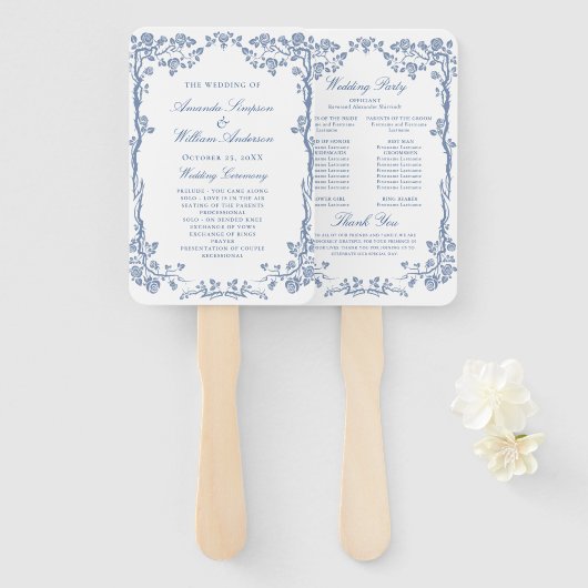 Elegant Blue France Flowers Wedding Programme Handwaaier (Voorkant en achterkant)