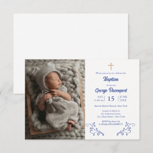 Elegant Blue frans Baptism Religieuze Kaart (Voorkant / Achterkant)