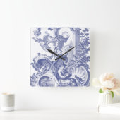 Elegant Blue French Baroque Toile Vierkante Klok (Huis)
