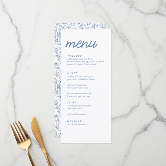 Elegant Blue French Floral Baby shower Menu (Voorkant / Achterkant in situ)