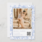 Elegant Blue French Floral Photo QR Code  Kaart (Achterkant)