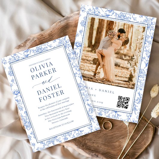 Elegant Blue French Floral Photo QR Code  Kaart