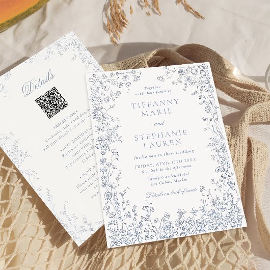 Elegant Blue French Floral Wedding Invitation Kaart