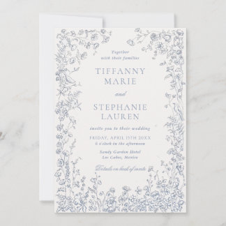 Elegant Blue French Floral Wedding Invitation Kaart