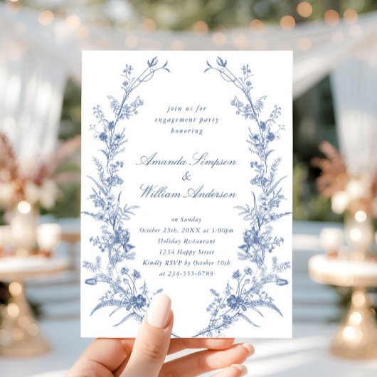 Elegant Blue French Garden Engagement Party Kaart