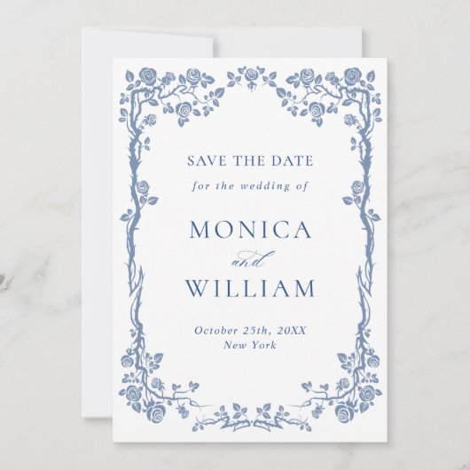 Elegant Blue French Garden Floral Wedding Foto Save The Date (Voorkant)