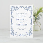 Elegant Blue French Garden Floral Wedding Foto Save The Date (Staand voorkant)